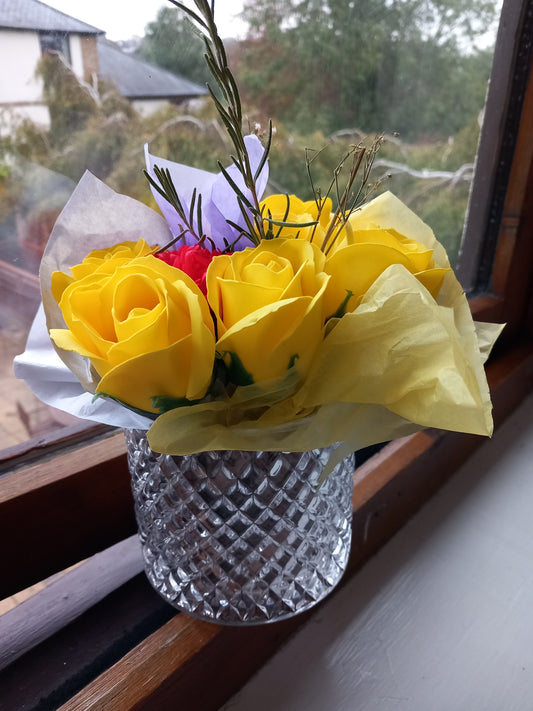 YELLOW RED FLOWER SOAP MIX IN GLASSWARE