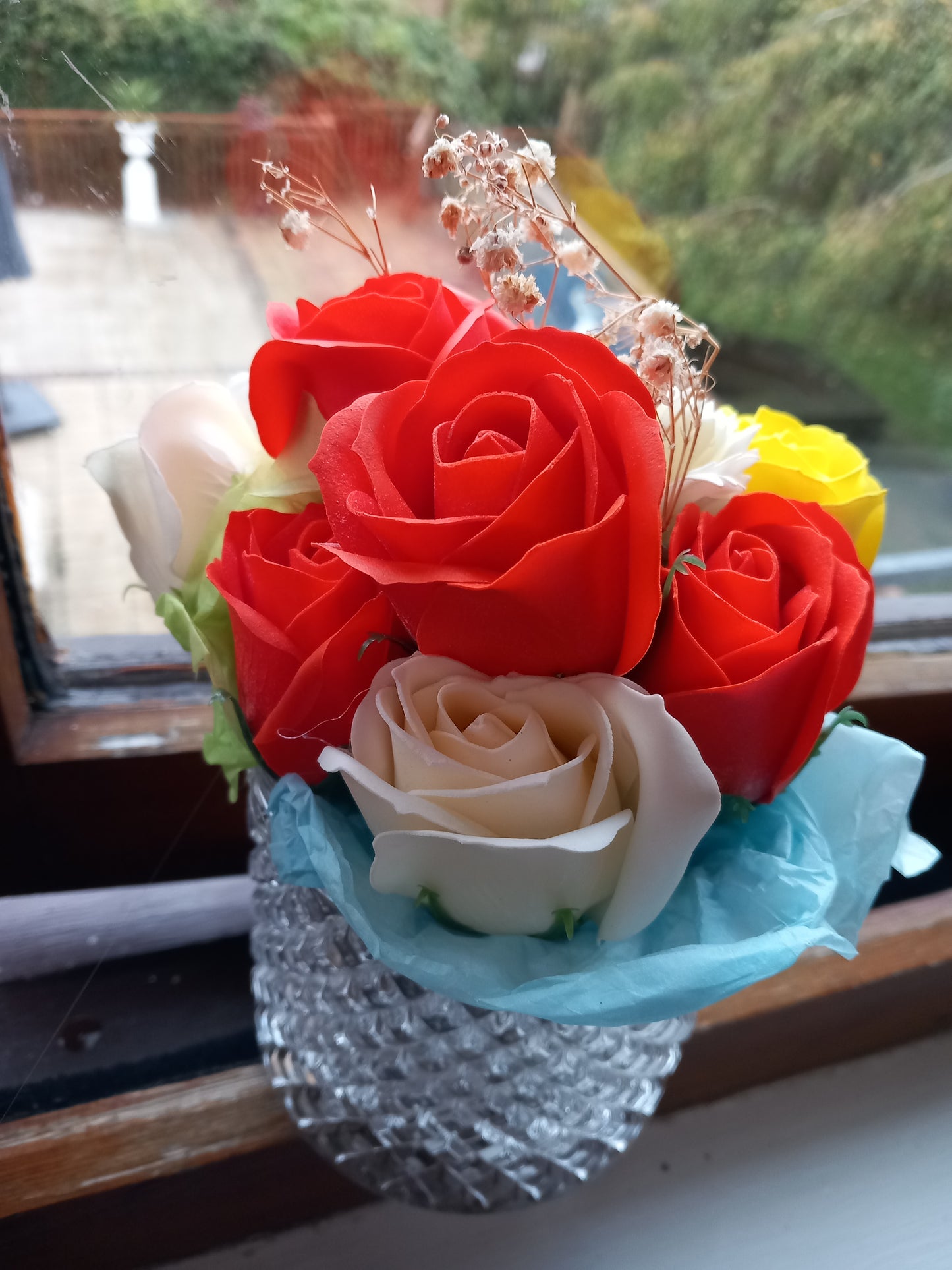 MY COLOUR CARNATIONS MULTI COLOUR FLOWER SOAP MIXED ROSES AND SUNSET ORANGE ROSE IN GLASSWARE
