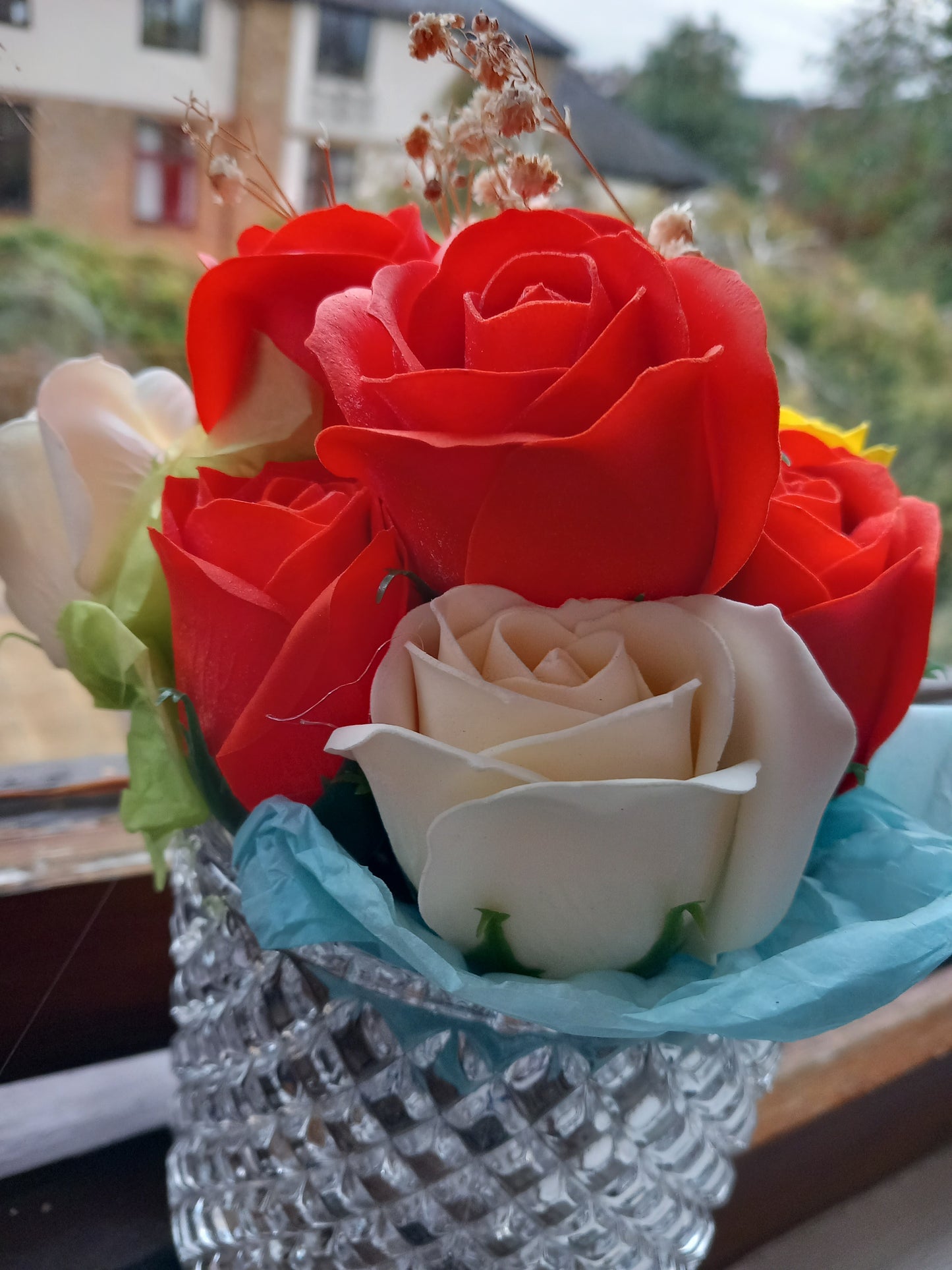 MY COLOUR CARNATIONS MULTI COLOUR FLOWER SOAP MIXED ROSES AND SUNSET ORANGE ROSE IN GLASSWARE