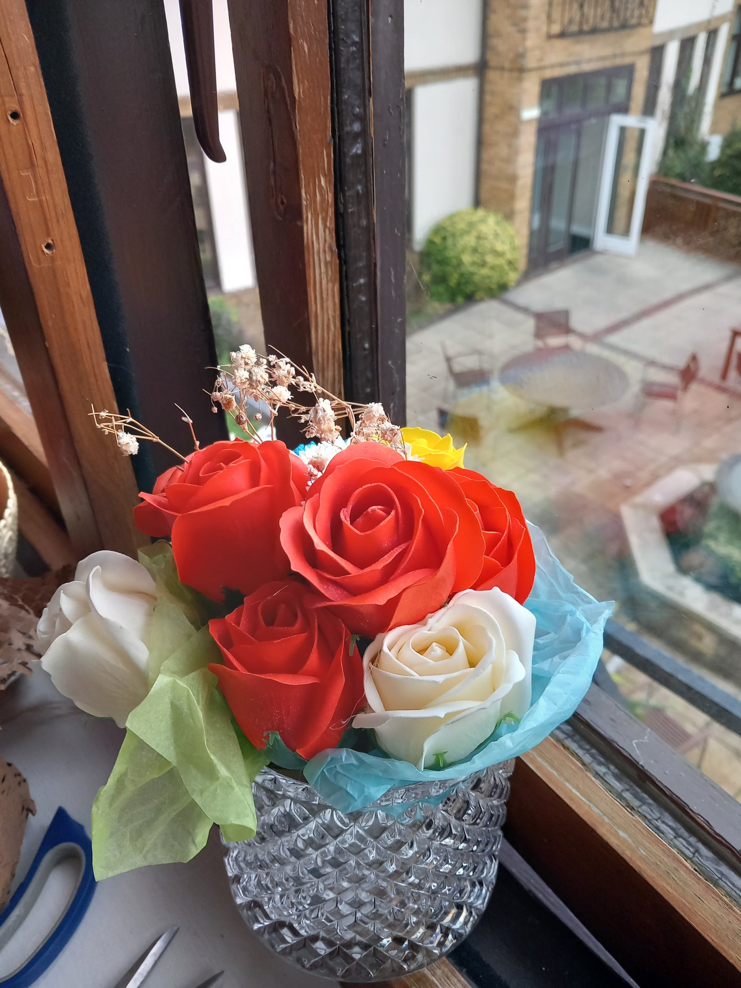 MY COLOUR CARNATIONS MULTI COLOUR FLOWER SOAP MIXED ROSES AND SUNSET ORANGE ROSE IN GLASSWARE