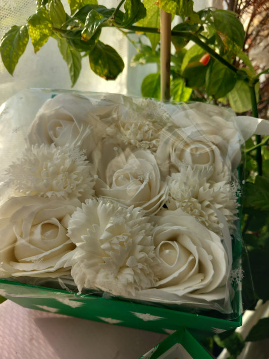 NO PRAMPRAS ALL OFF-WHITE LARGE ROSE HEADS CARNATIONS FLOWER SOAP IN CANDY CANE COLOUR DISPLAY BOX