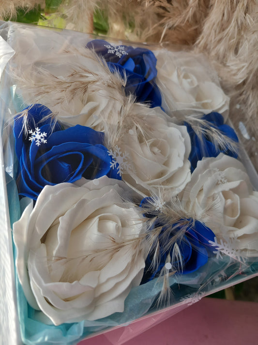 9 LARGE NAVY BLUE CREAM ROSE HEADS FLOWER SOAP IN WHITE DISPLAY BOX