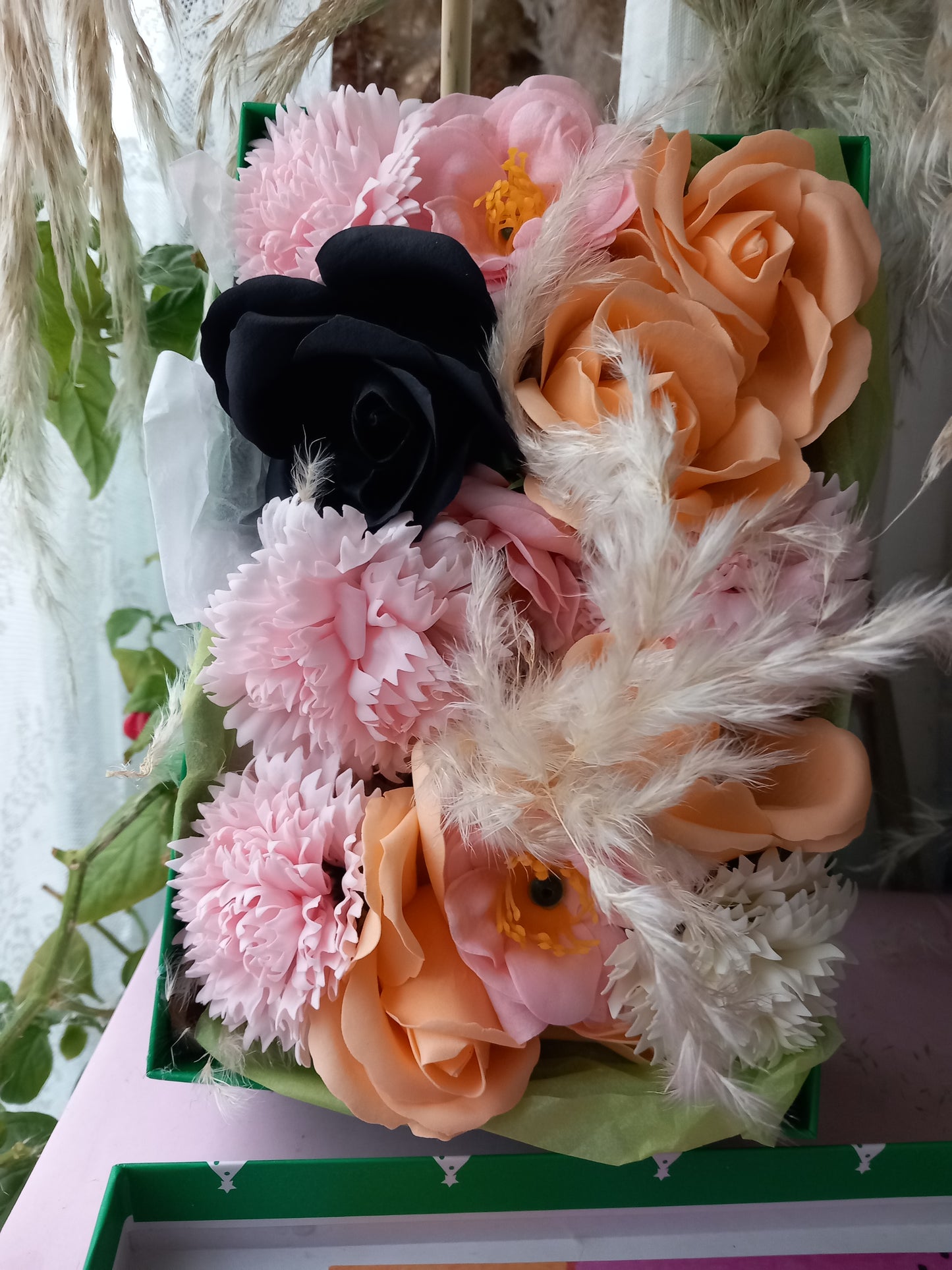 PEACH BLACK PINK FLOWER SOAP IN GREEN DISPLAY BOX