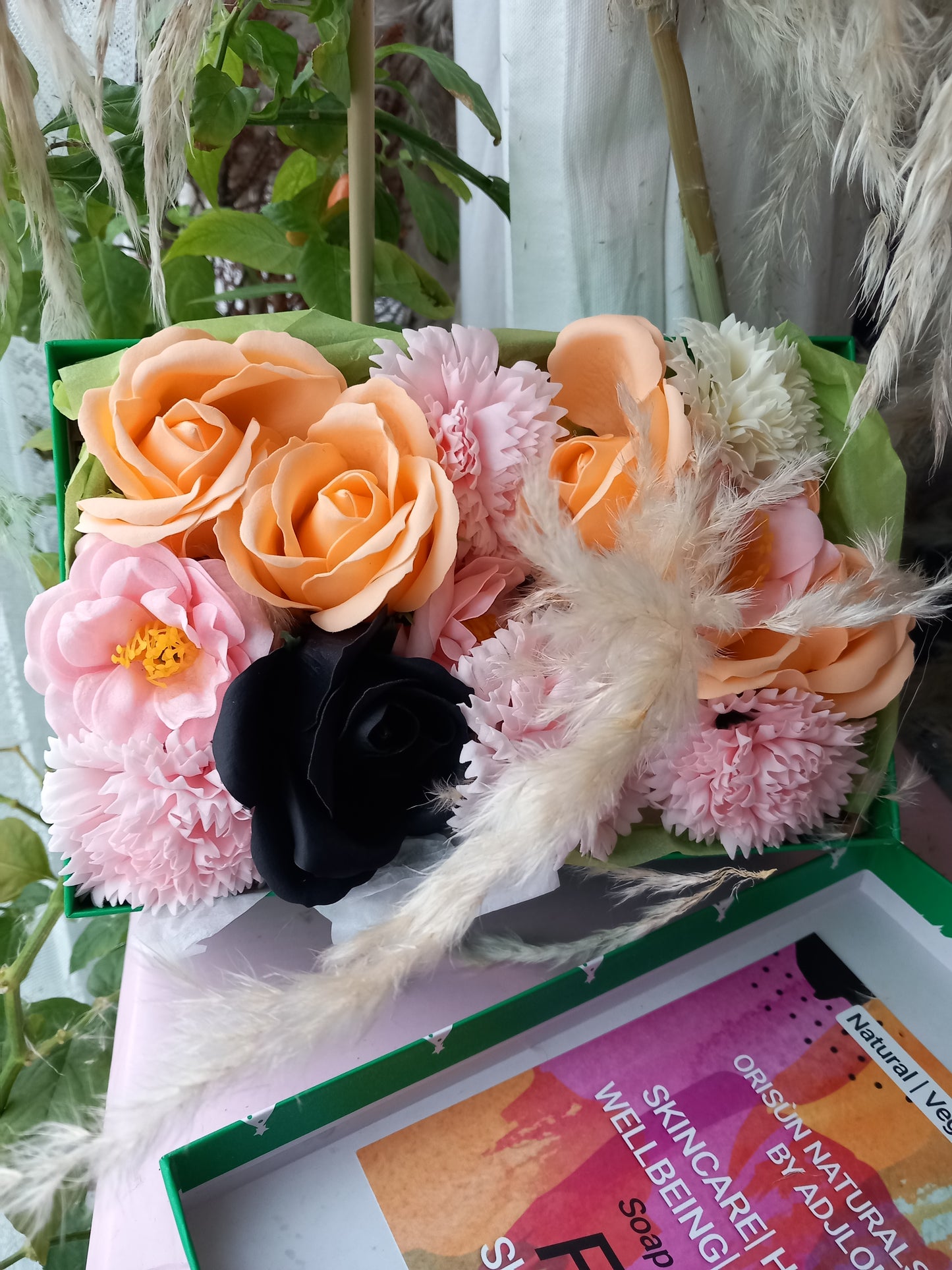 PEACH BLACK PINK FLOWER SOAP IN GREEN DISPLAY BOX