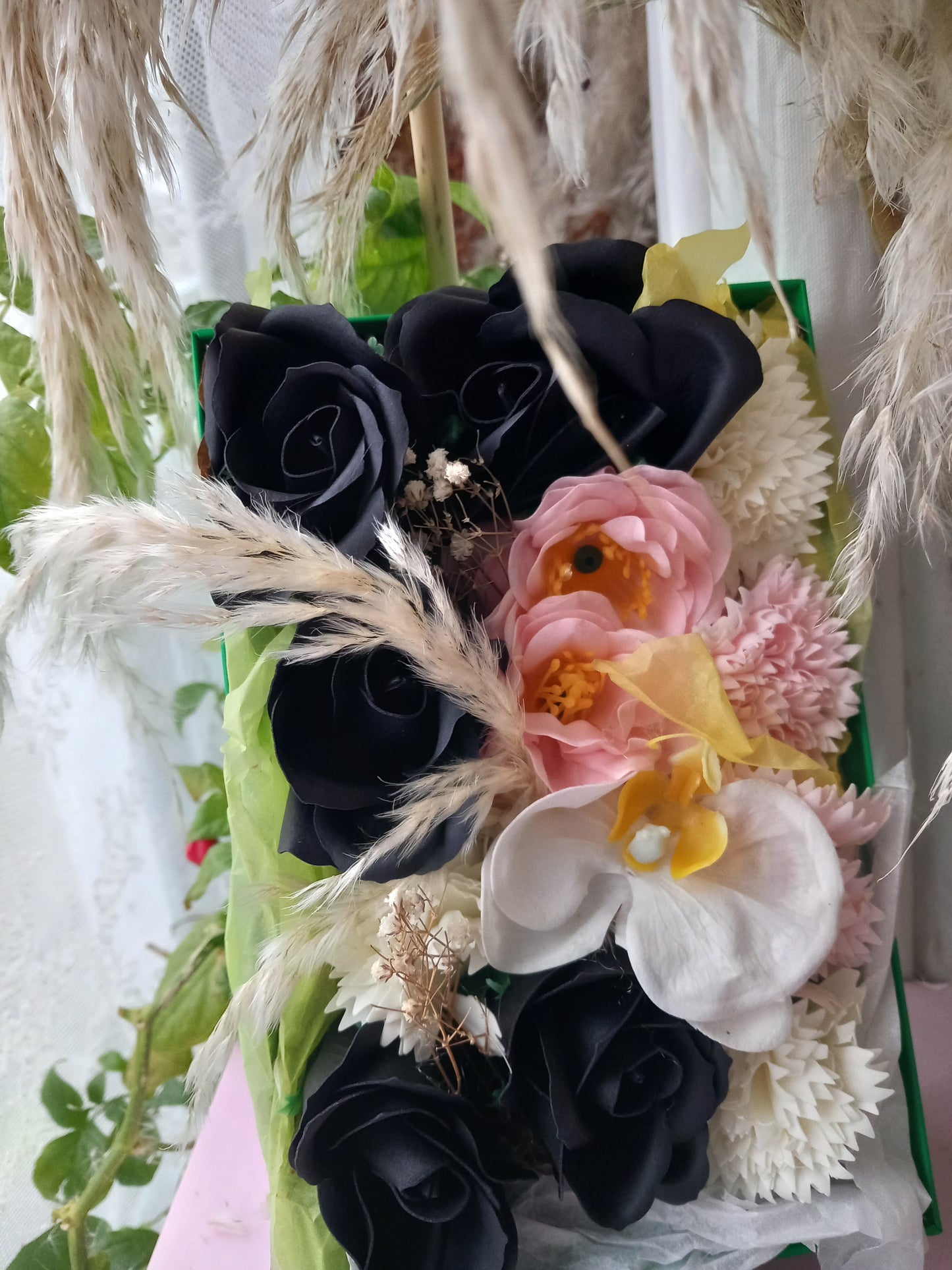 PINK BLACK FLOWER SOAP IN GREEN DISPLAY BOX