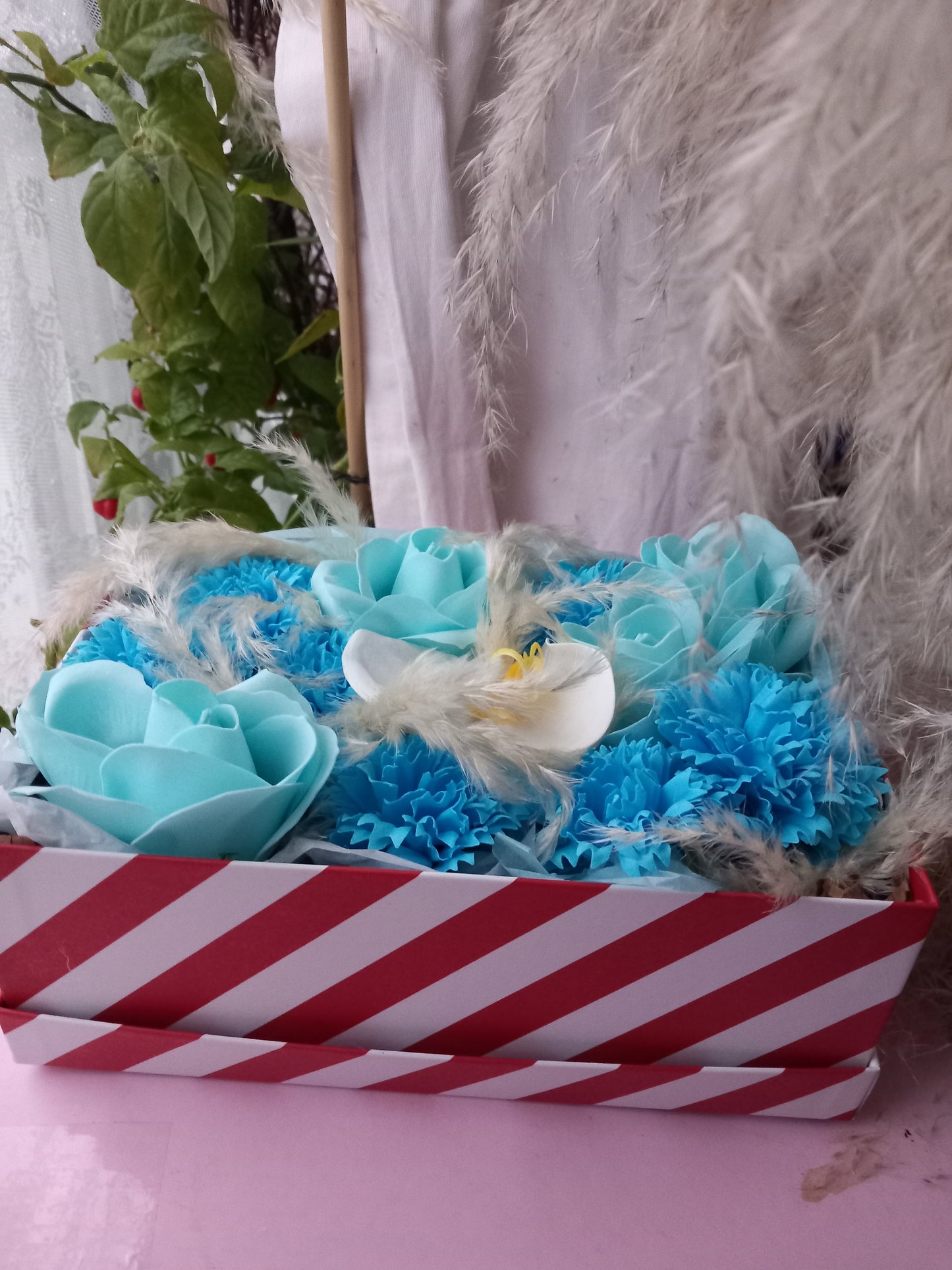 JUST BLUE ORCHID FLOWER SOAP IN CANDY CANE DISPLAY BOX