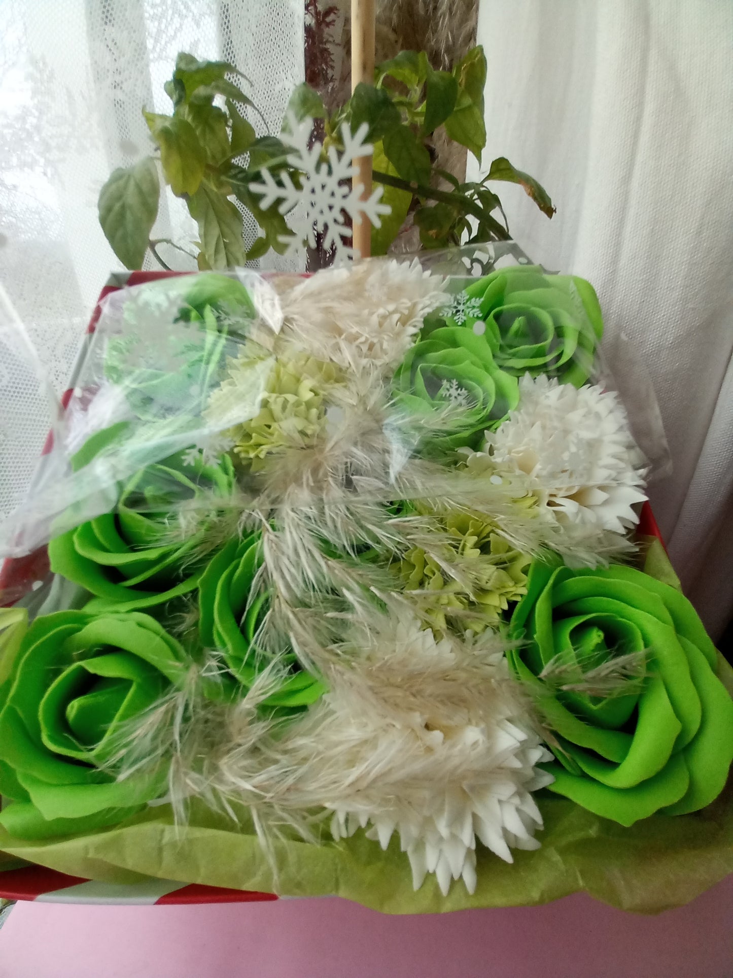 GREEN ON GREEN AND WHITE FLOWER SOAP IN CANDY CANE DISPLAY BOX