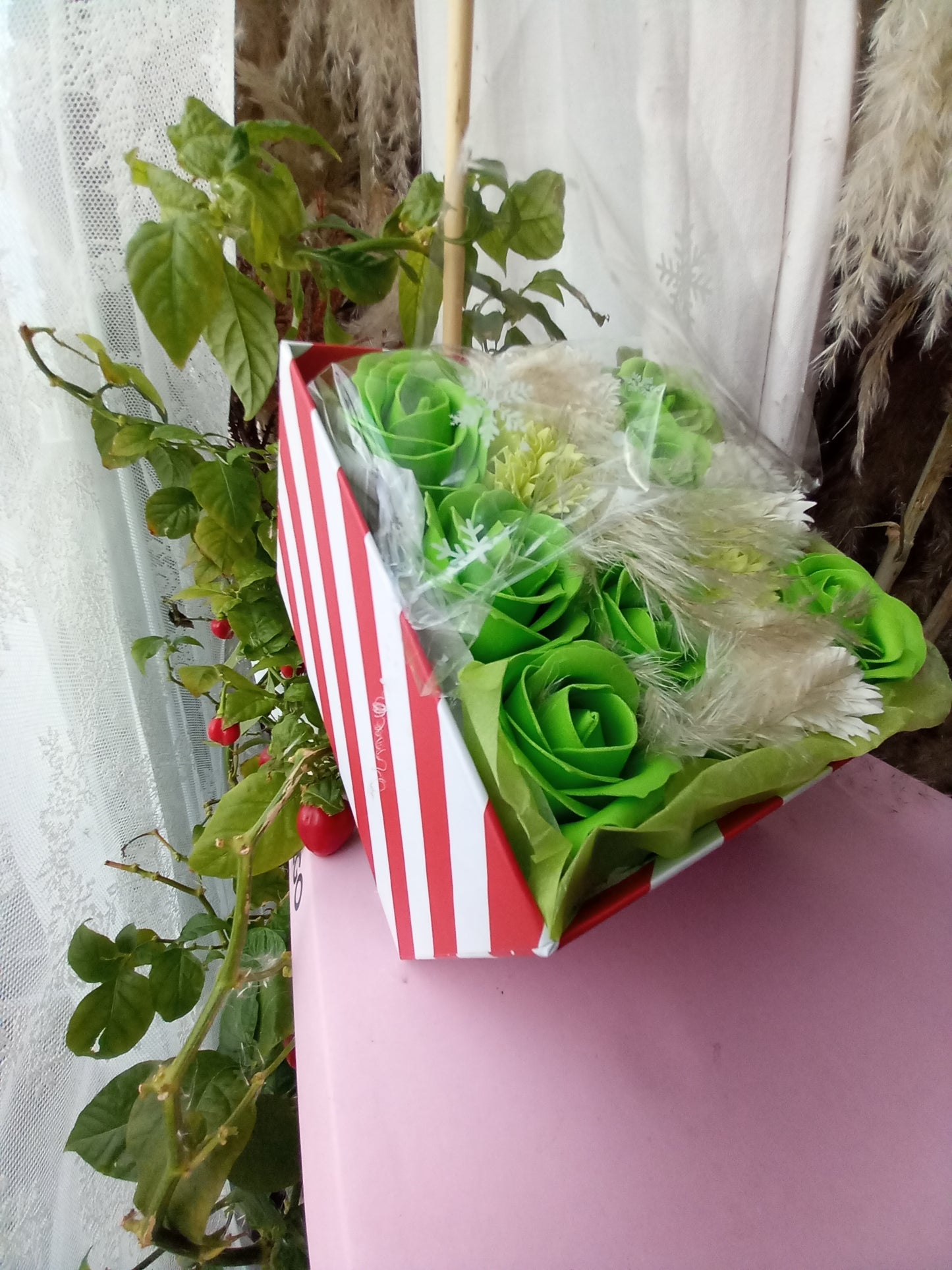 GREEN ON GREEN AND WHITE FLOWER SOAP IN CANDY CANE DISPLAY BOX