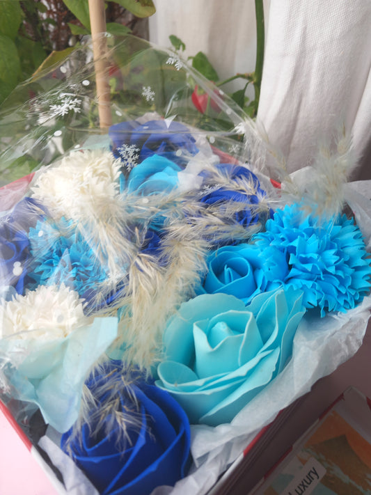 BLUE ON BLUE MIX WHITE FLOWER SOAP IN CANDY CANE DISPLAY BOX