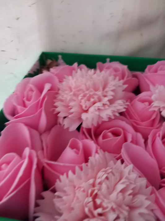PINK AND MORE PINK FLOWER SOAP IN GREEN DISPLAY BOX