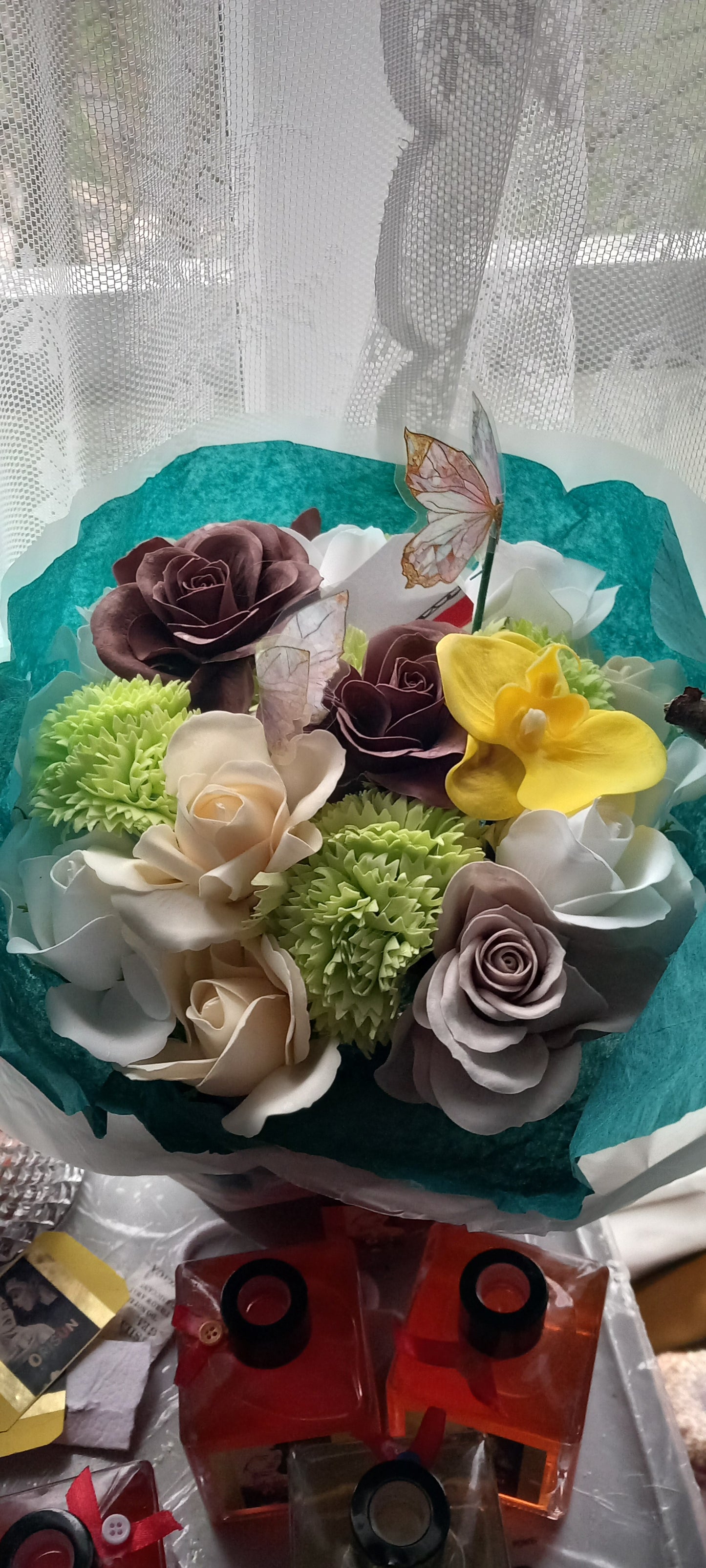 A TOUCH OF CHOCOLATE CERAMIC CLAY POT FLOWER SOAP BOUQUET ARRANGEMENT