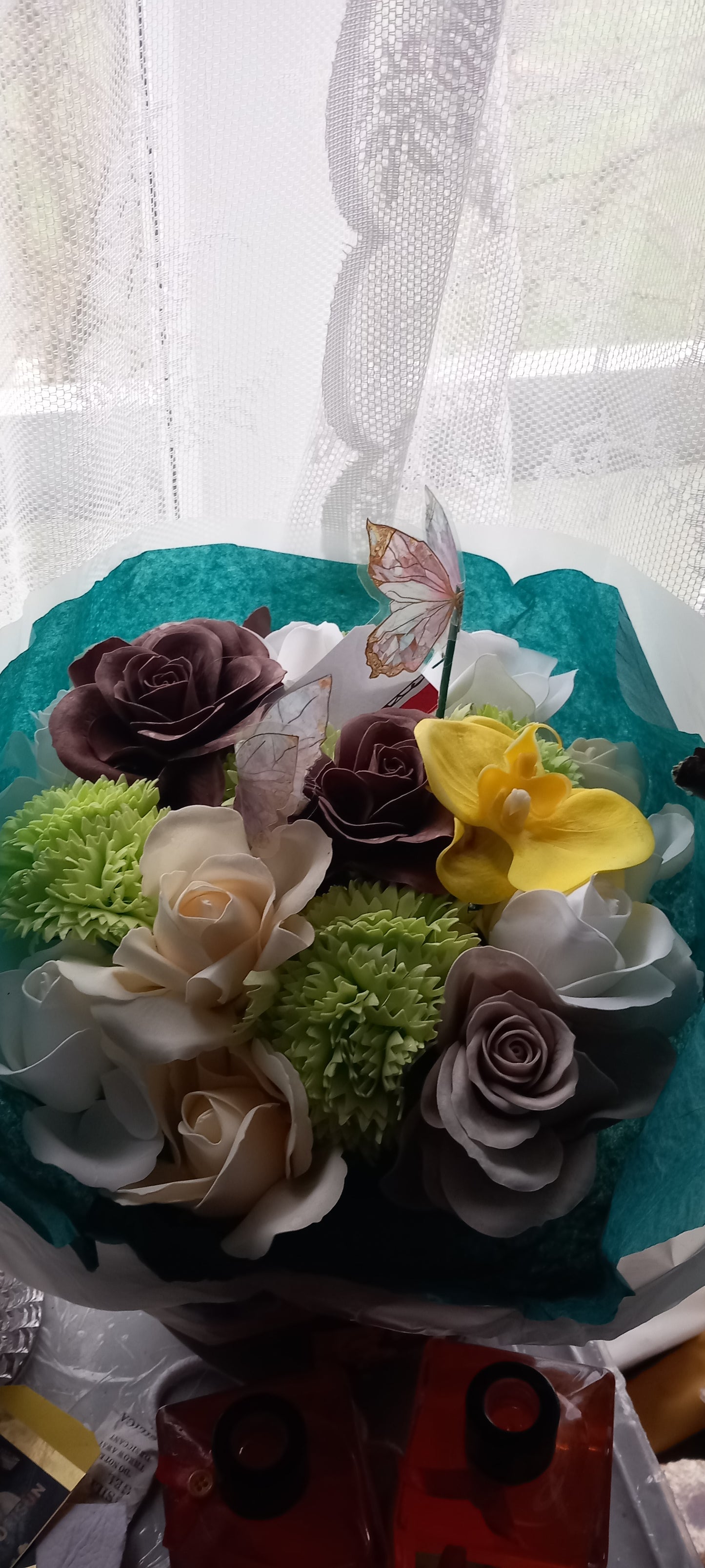 A TOUCH OF CHOCOLATE CERAMIC CLAY POT FLOWER SOAP BOUQUET ARRANGEMENT