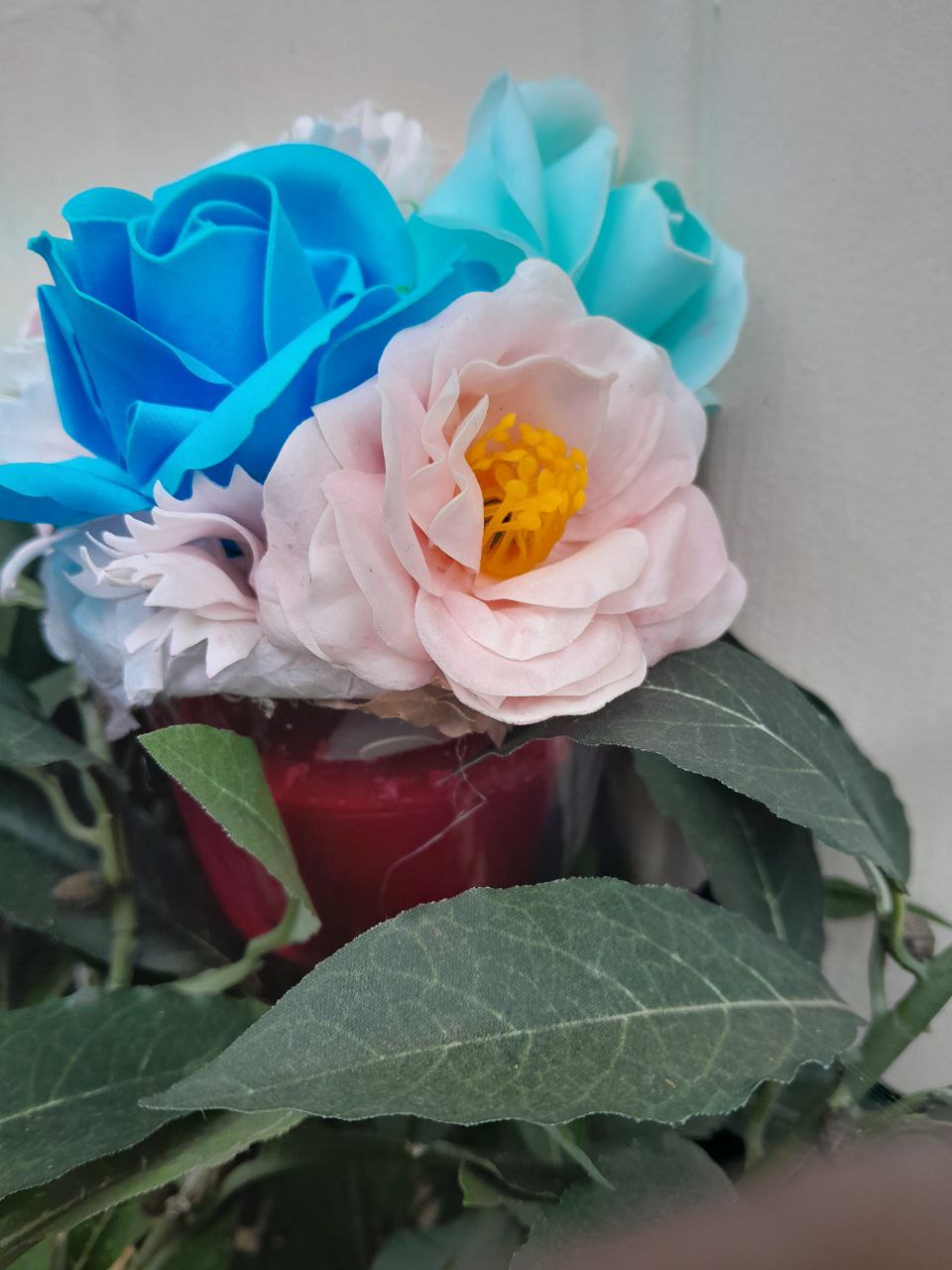 PINK CAMELIA AND BLUE ACCENT CANDLE & FLOWER SOAP BOUQUET ARRANGEMENT