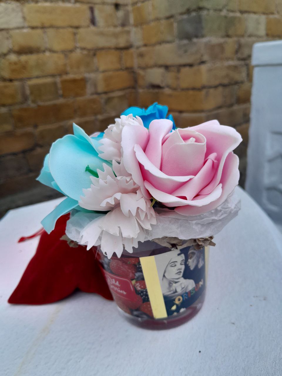 PINK CAMELIA AND BLUE ACCENT CANDLE & FLOWER SOAP BOUQUET ARRANGEMENT