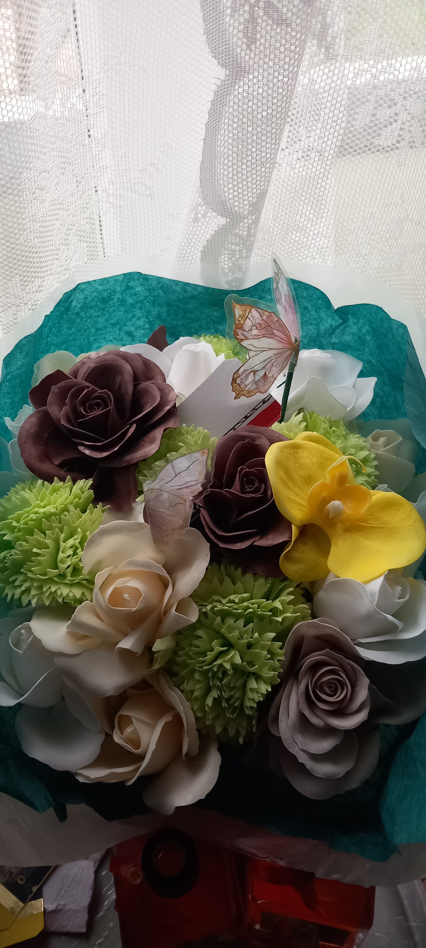 A TOUCH OF CHOCOLATE CERAMIC CLAY POT FLOWER SOAP BOUQUET ARRANGEMENT